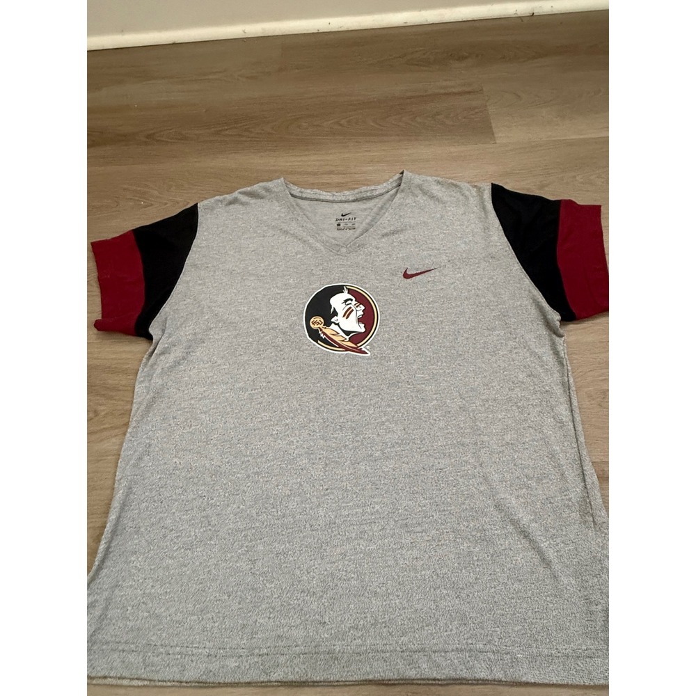 Nike Dri-FIT FSU Florida State Seminoles V-Neck Shirt Gray XXL Colorblock Sleeve